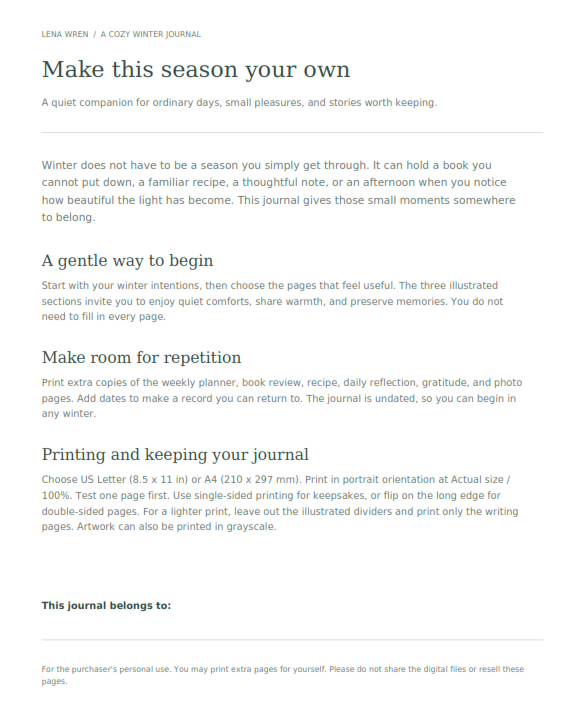 A Cozy Winter Journal — Printable PDF by Lena Wren
