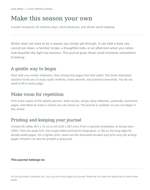 A Cozy Winter Journal — Printable PDF by Lena Wren