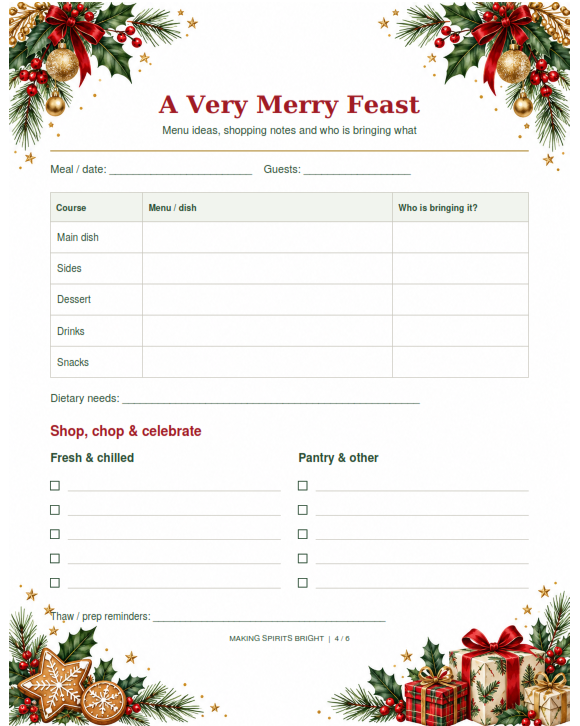 A Very Merry Feast - Christmas meal planner printable